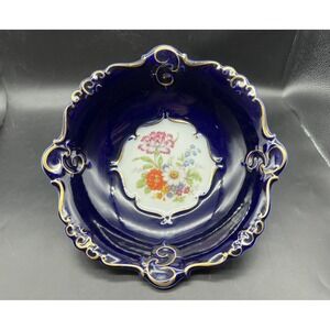 JRIS CLUJ Porcelain COBALT Blue and Floral with Gold Trim Serving Bowl 10"